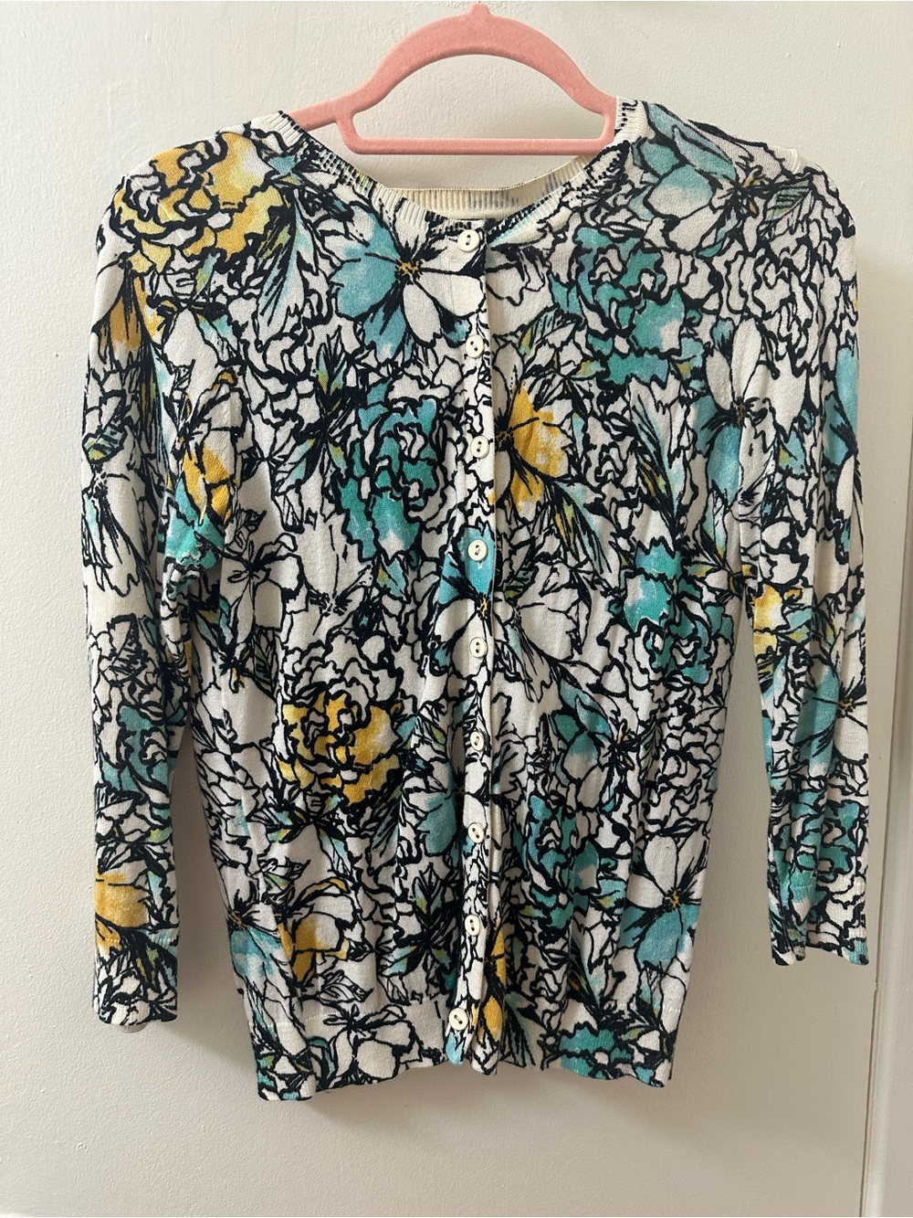 The Limited Vintage Floral Button-Front Cardigan 3/4 Sleeve Teal, Yellow & White
